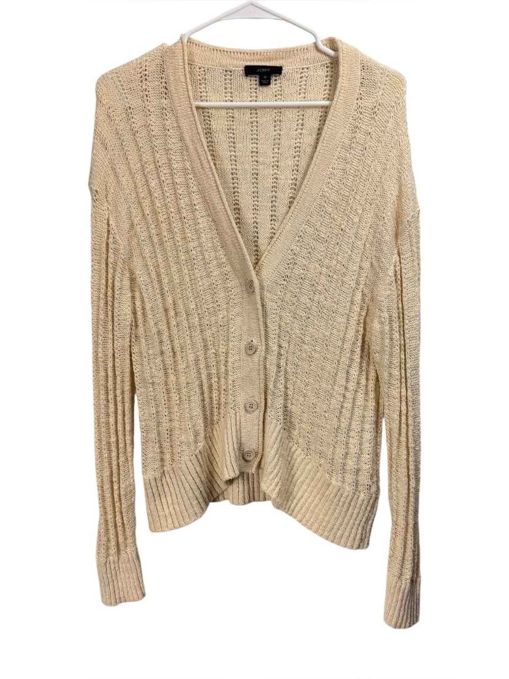 J Crew Size Medium Point Sur Cotton Blend Ivory Cardigan Sweater Open Knit